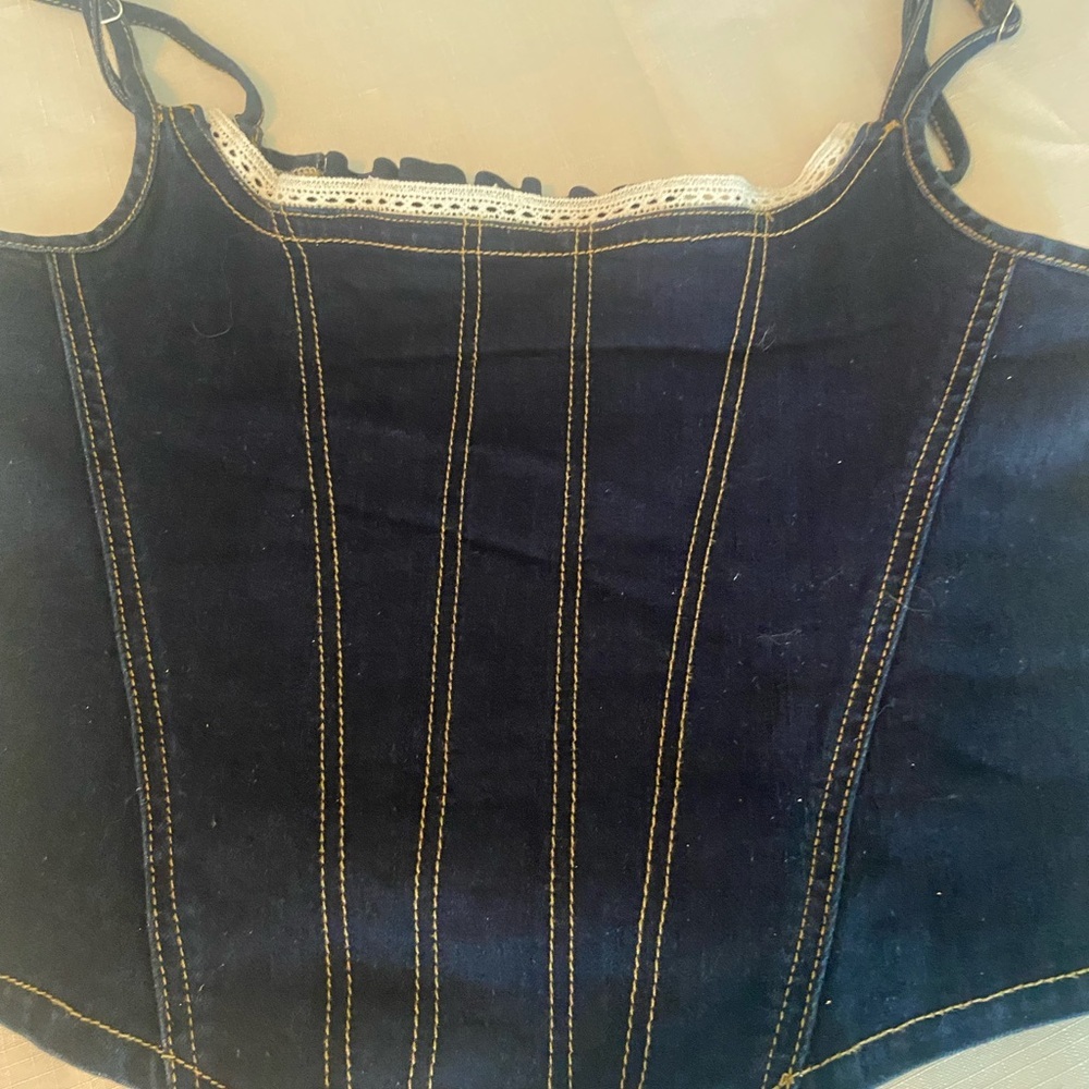 Cider Dark Denim Corset Top with Gold Stitching